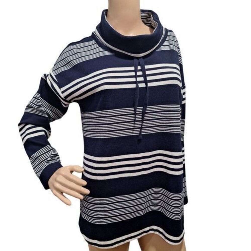 T by Talbots Sweater‎ Women Size SP Petite Deep Blue Cotton Striped Funnel Neck
